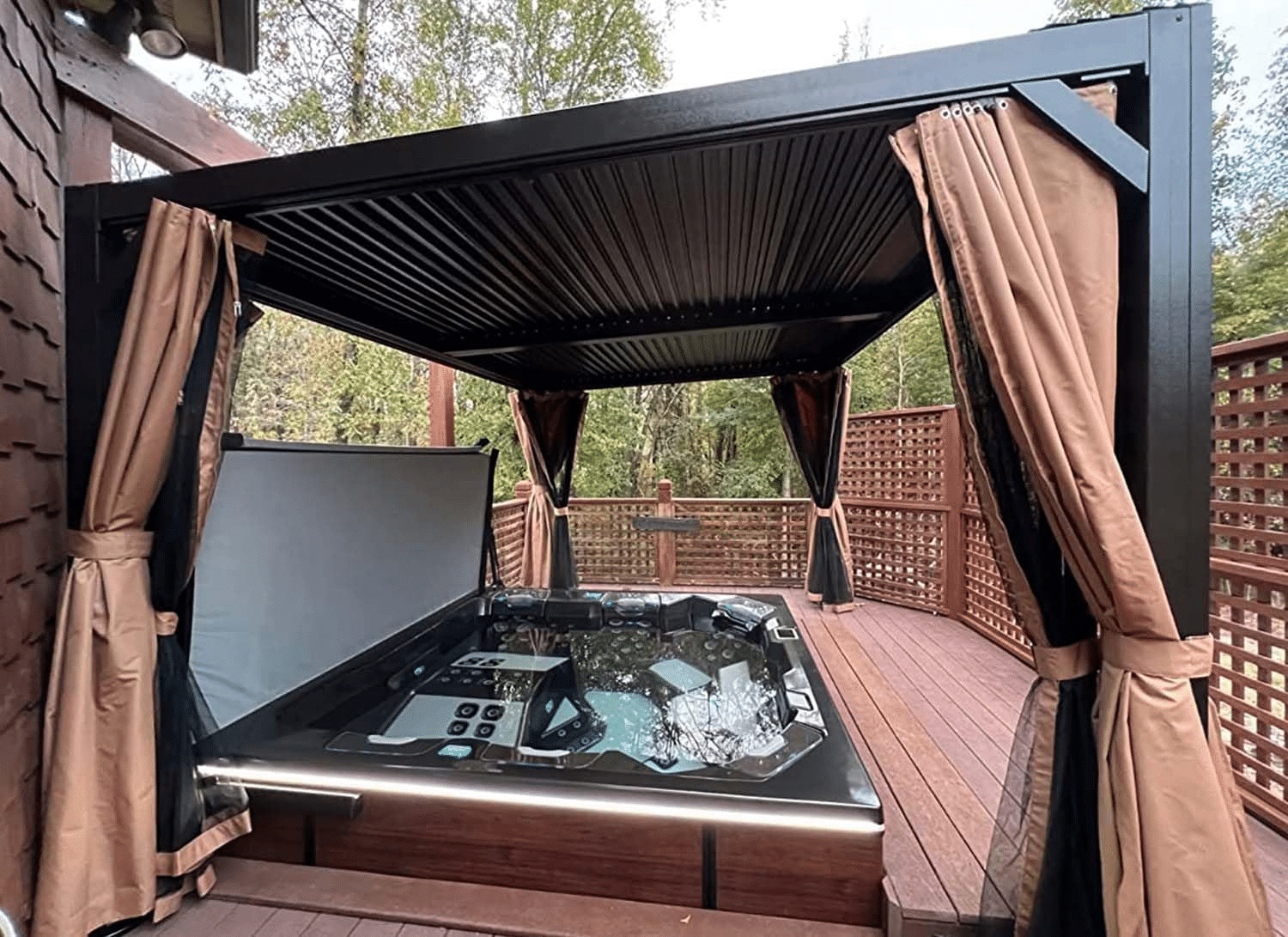 A retractable pergola canopy providing shade and privacy